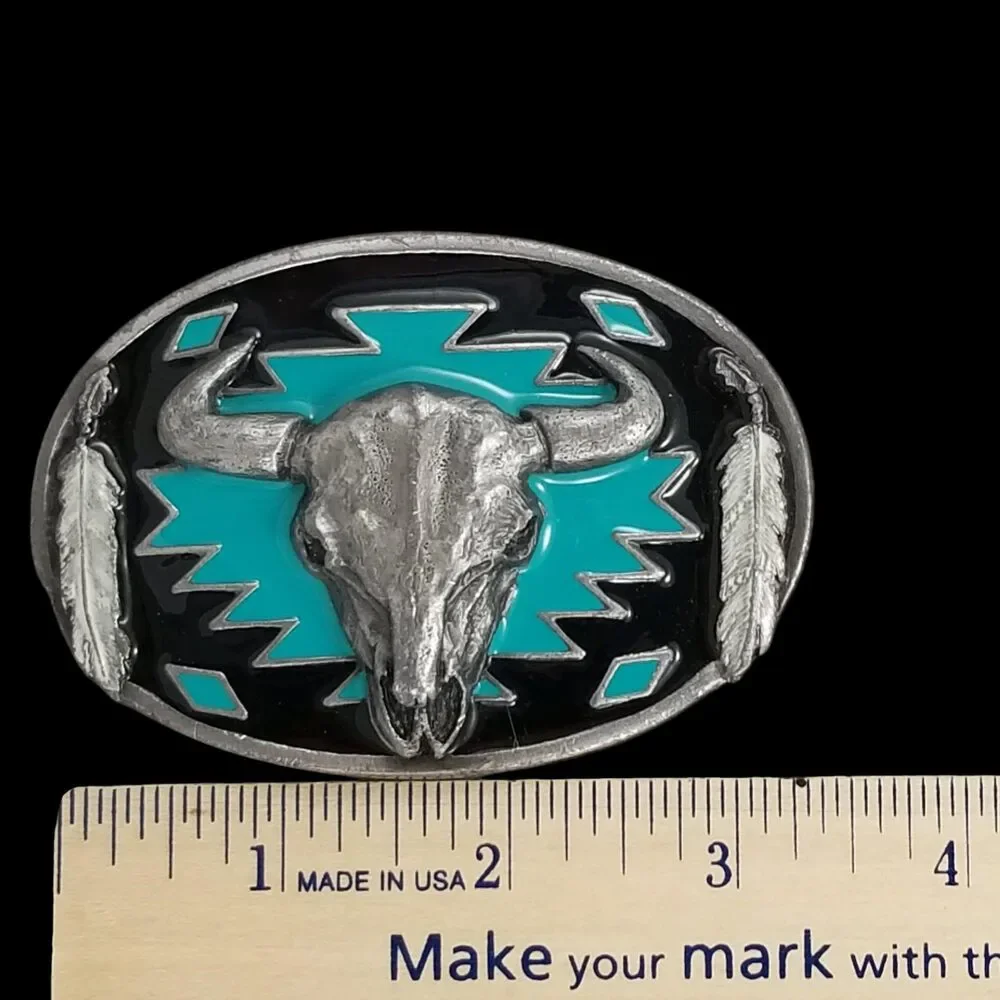 Vintage Belt Buckle 1993 Pewter Cow Skull Native American Indian Tribal Western‎